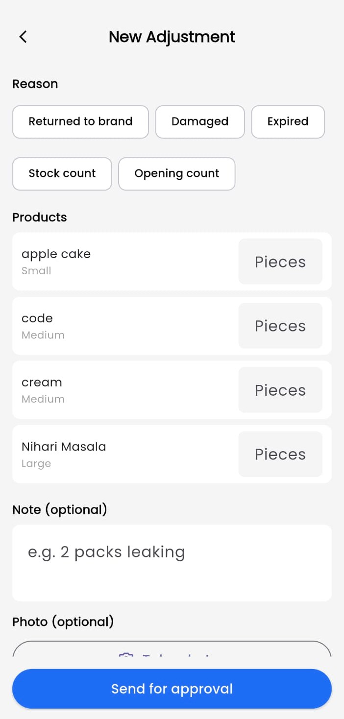 SelTek app: Stock adjustments